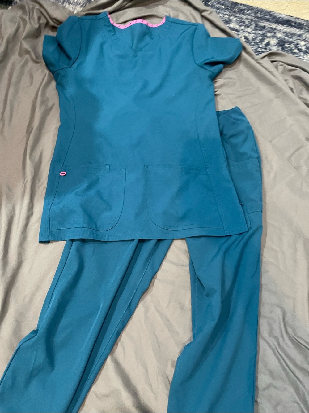 HeartSoul Teal Scrub Top and Jogger Pants with Pink Trim